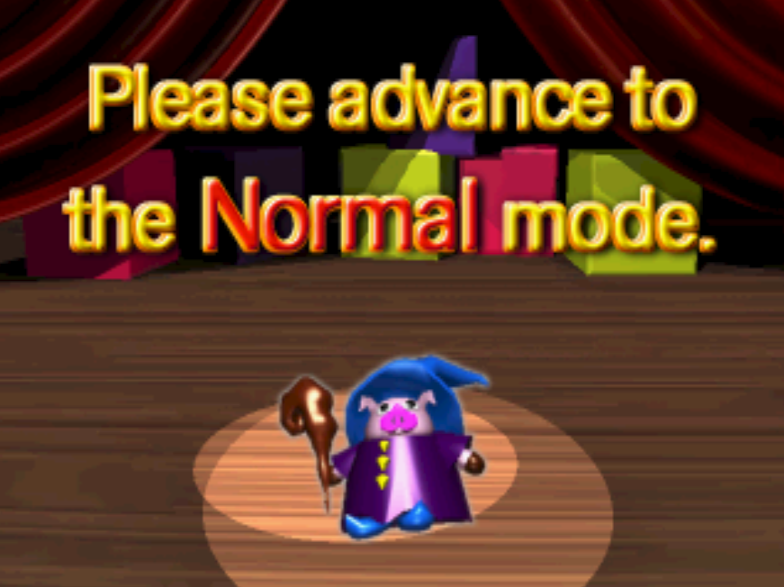 pig wizard from baku baku animal, with the text Please advance to the Normal mode.