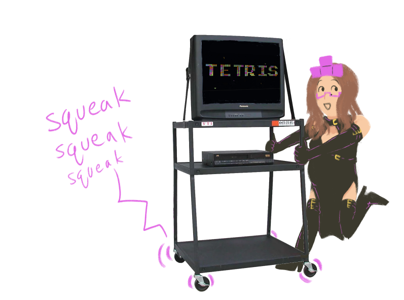 connie in her puzzle outfit (magical drop empress dominatrix outfit) wheeling in a tv with Tetris film on it