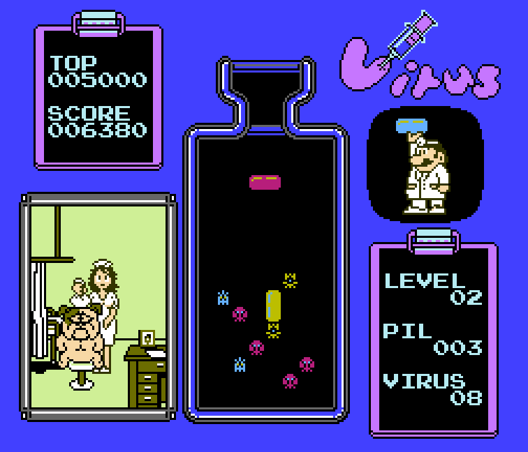 dr mario virus prototype gameplay, featuring dog and nurse