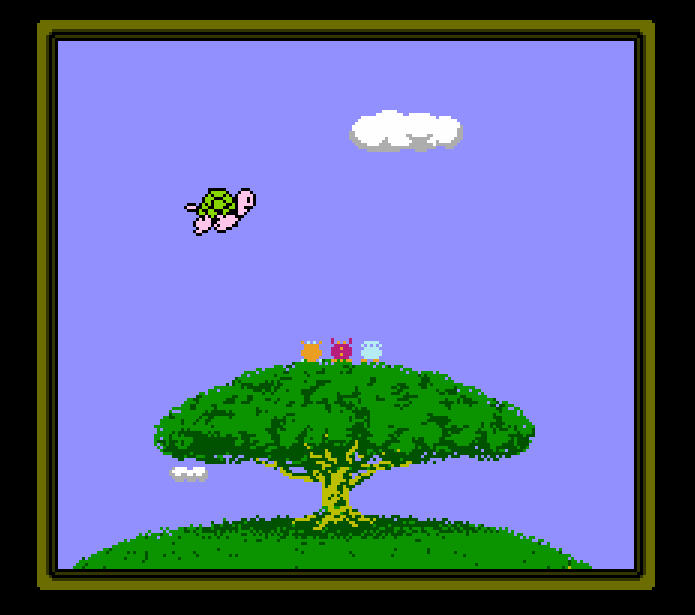 Dr mario viruses on a tree while a turle flies past