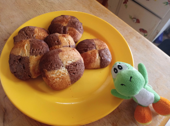 Plate of Checkerboard cookies with a little weird yoshi plush