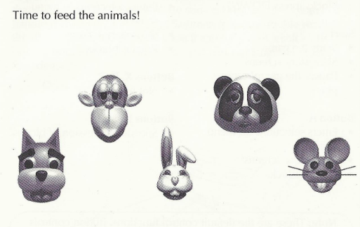 Instruction manual screenshot of the five animal heads with the text Time to feed the animals!