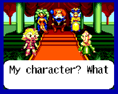 Baku baku master system screenshot. polly says to the minister, My character? What