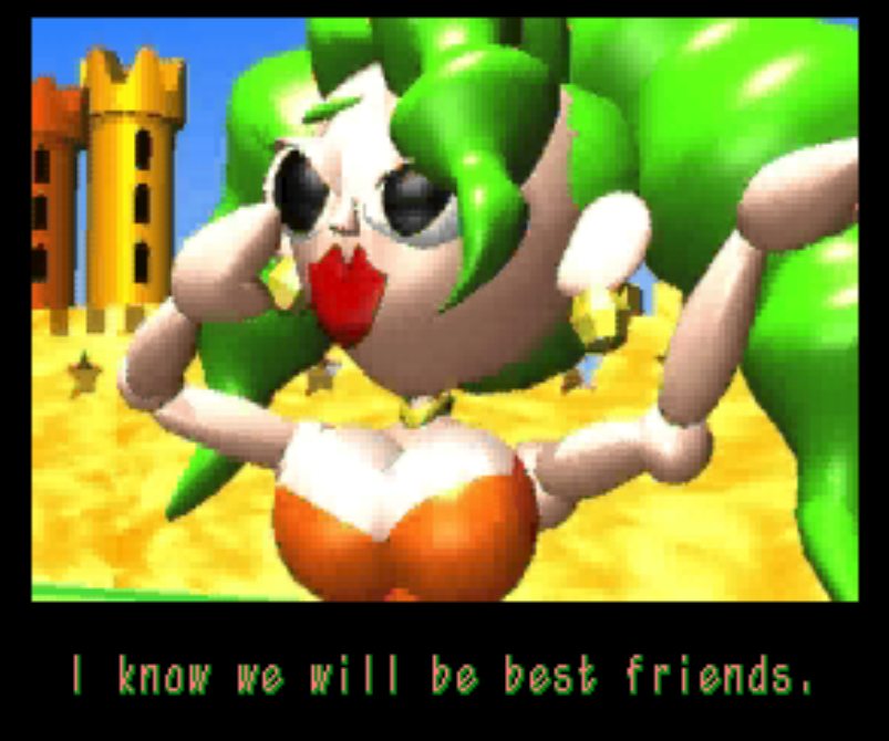Saturn ending of Baku, with a closeup on the princess and her big bonkers saying I know we will be best friends.