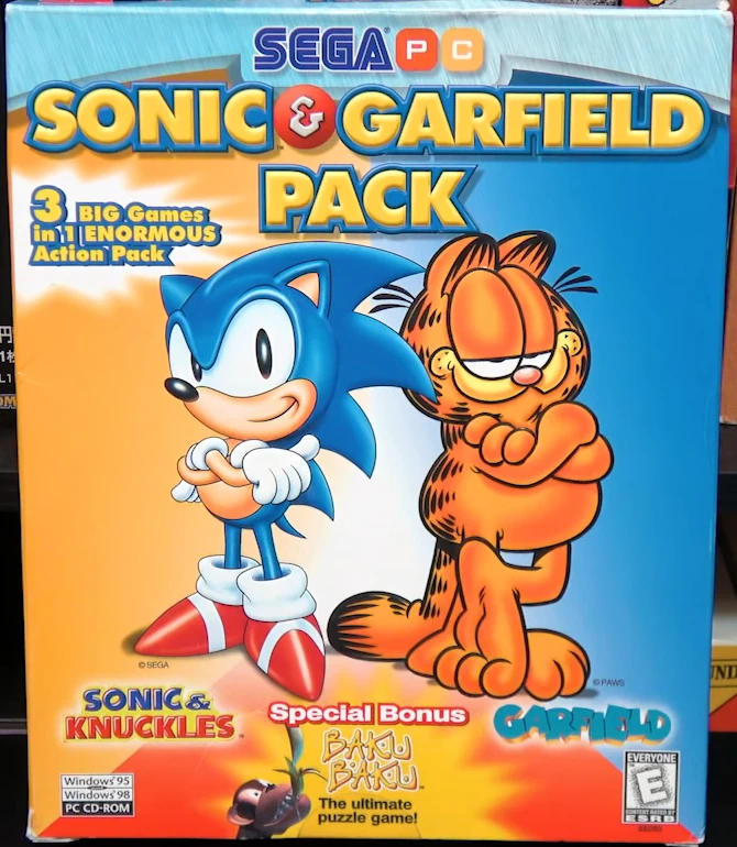 the famous Sonic and Garfield Pack pc release, with sonic and garfield posing and a tiny baku baku logo at the bottom