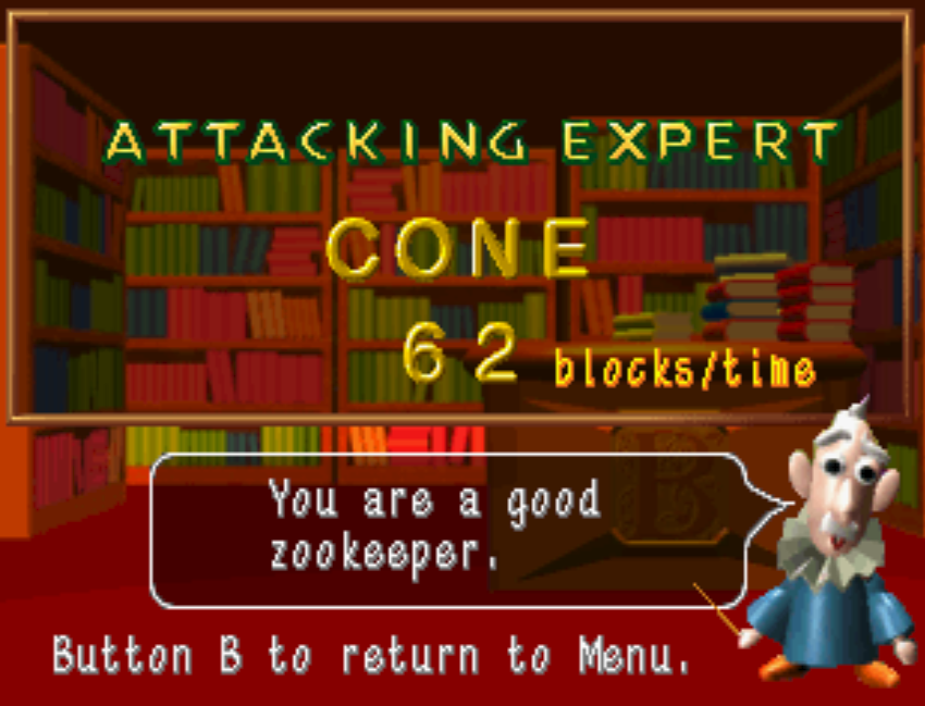 Records screen with the text ATTACKING EXPERT- CONE- 62 blocks/time. The minister says You are a good zookeeper.