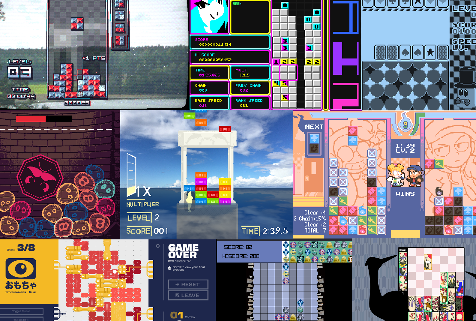 Collage of screenshots from (left to right top to bottom): Cascadence, Rotornalia, Memory Tricks, Jelly Well, Rainbow Dolphin, Paranatural: Spirit Stackers, PCB, MONEY, and Ochibana: Fallen Flowers