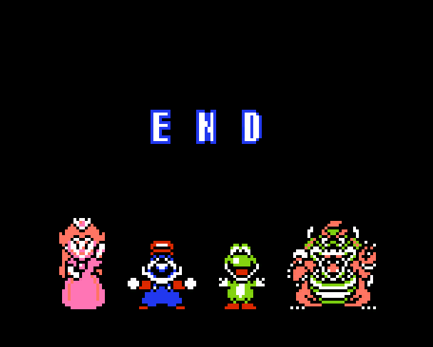 mario yoshi peach and bowser at the the end screen of cookie nes. mario looks a little scary