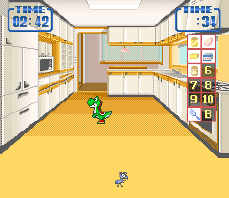 Small yoshi in a giant kitchen and there's an ant