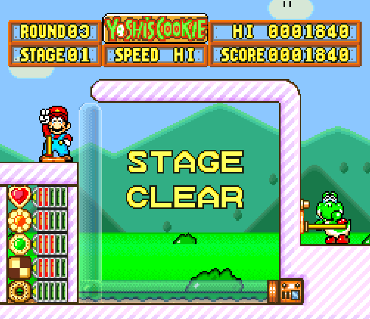 snes stage clear screen with happy mario and yoshi