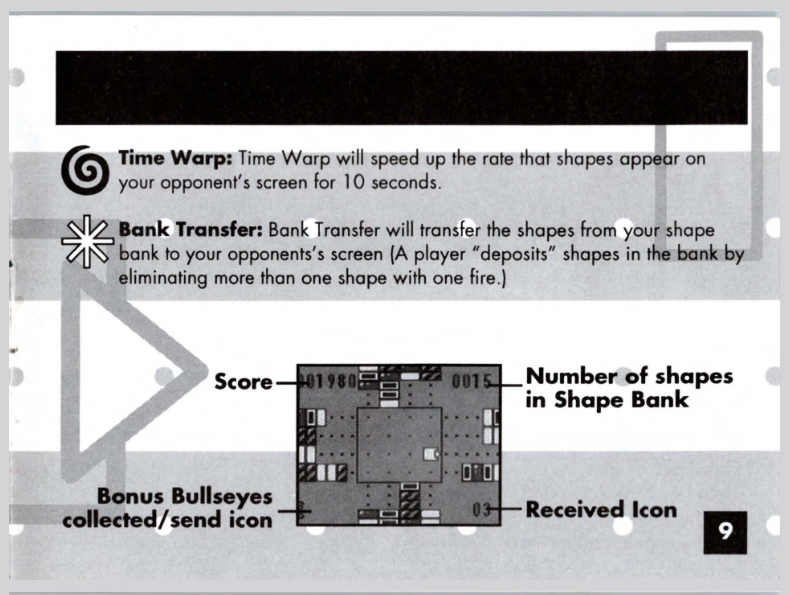 screencap of the zoop game boy manual, with two multiplayer exclusive items highlighted. The time warp speeds up shapes on the opponent's board, and the bank transfer sends shapes that you build up from clearing multiple shapes at once