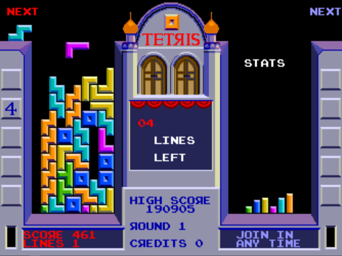 the board stacked incredibly high. the stats on the right show that not a single I block has appeared
