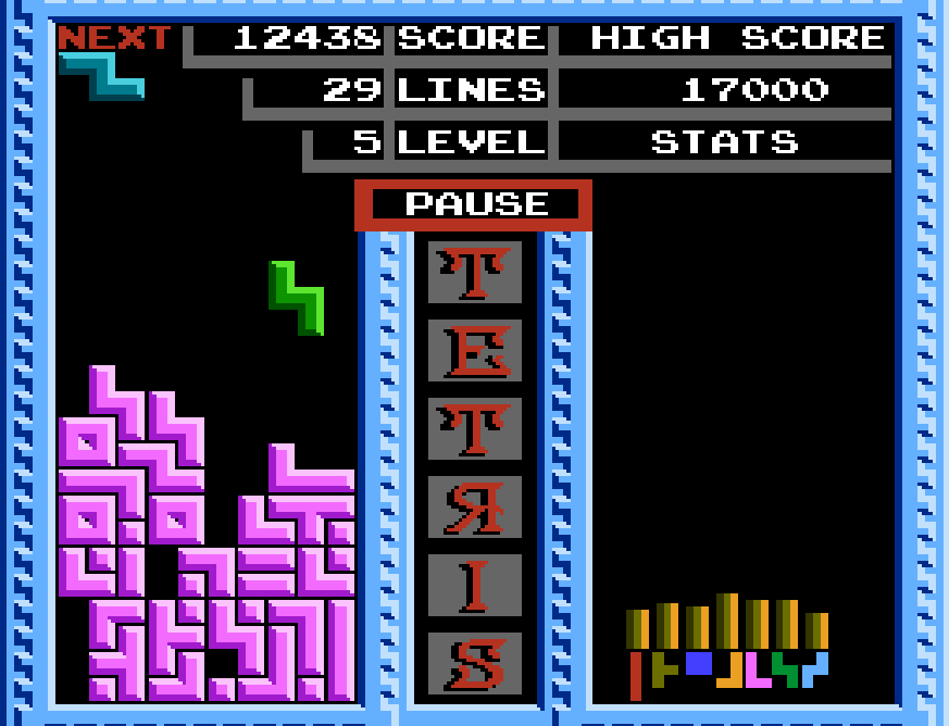 Tengen tetris gameplay, where all blocks that have landed turn the same color