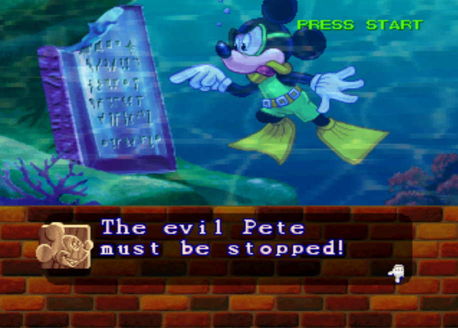 mickey diving underwater to the tetris tablet. The evil pete must be stopped!