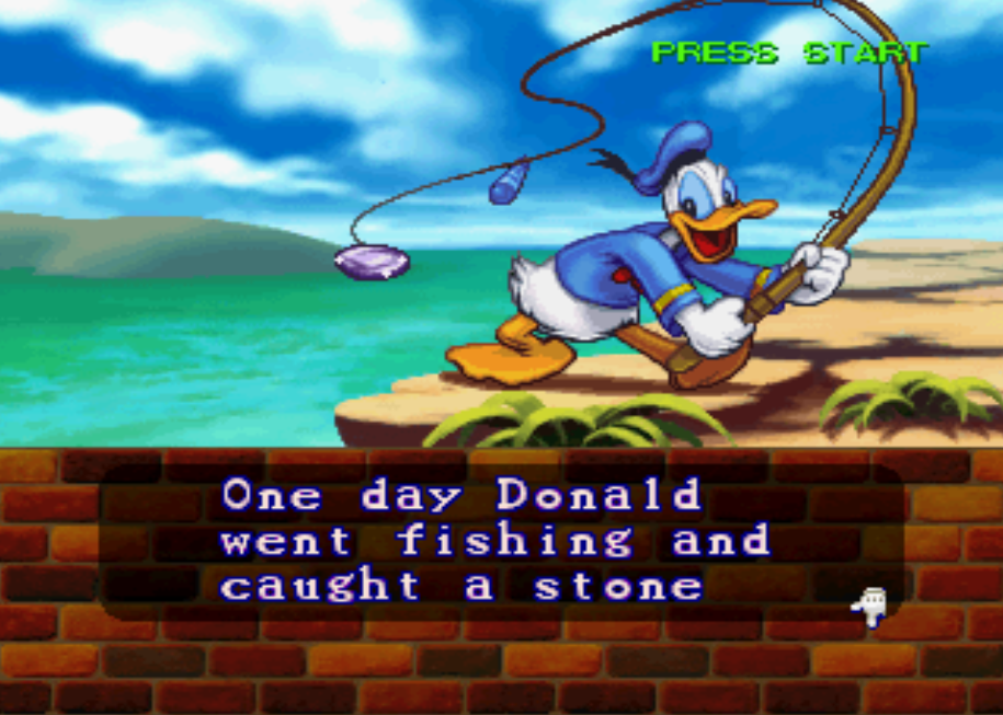Donald duck fishing up the Tetris stone