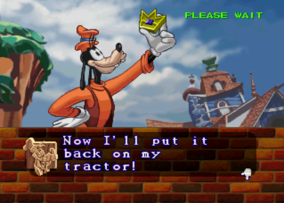 Goofy holding his emblem and saying he can put it back on his tractor now