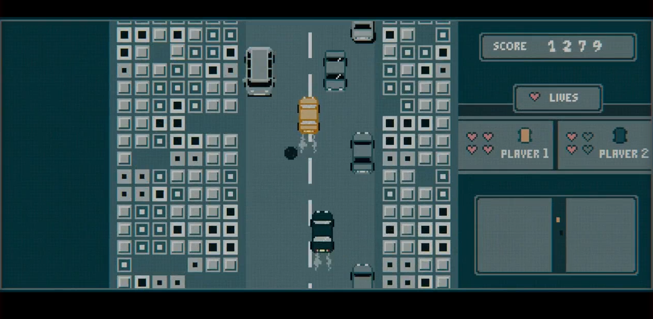 pixel representation of the car chase, complete with score and lives counters.