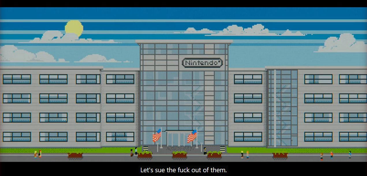 pixel shot of the nintendo of america building. the text says Let's sue the fuck out of them.