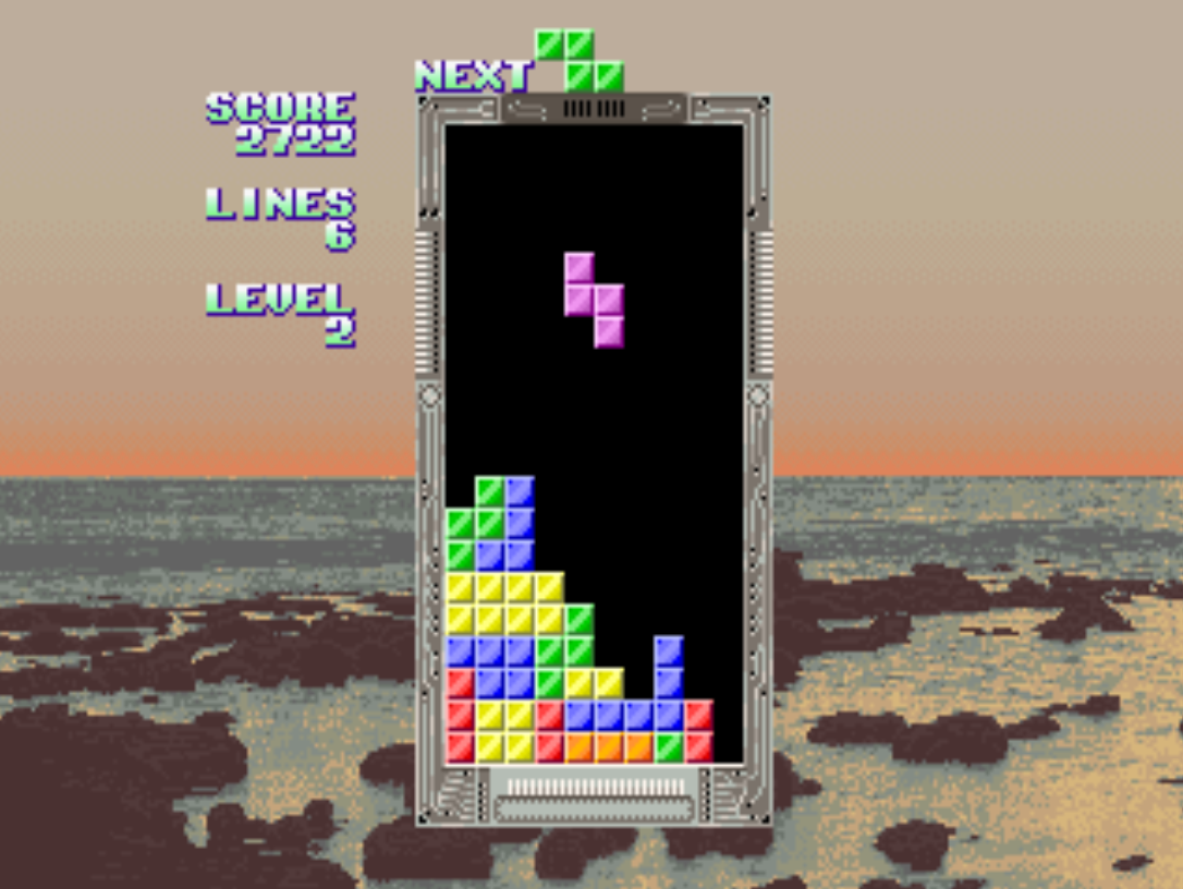 Tetris gameplay with a sunset shore background