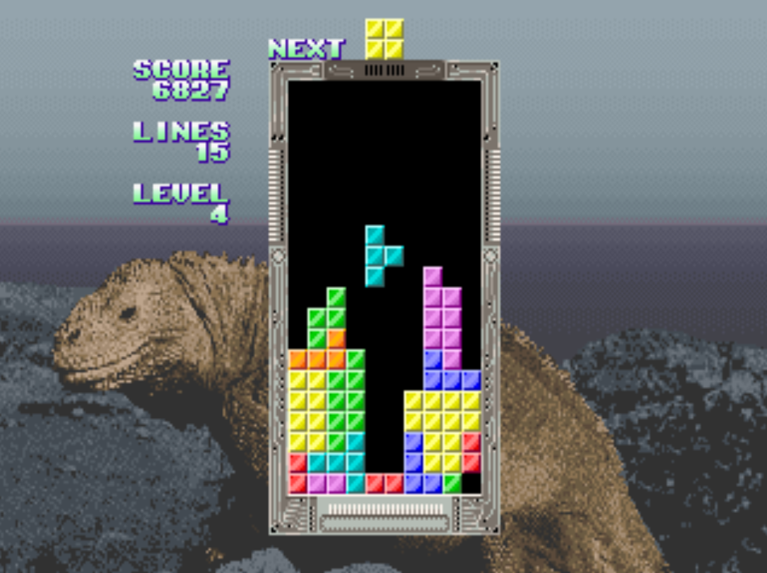 tetris gameplay with a lizard background