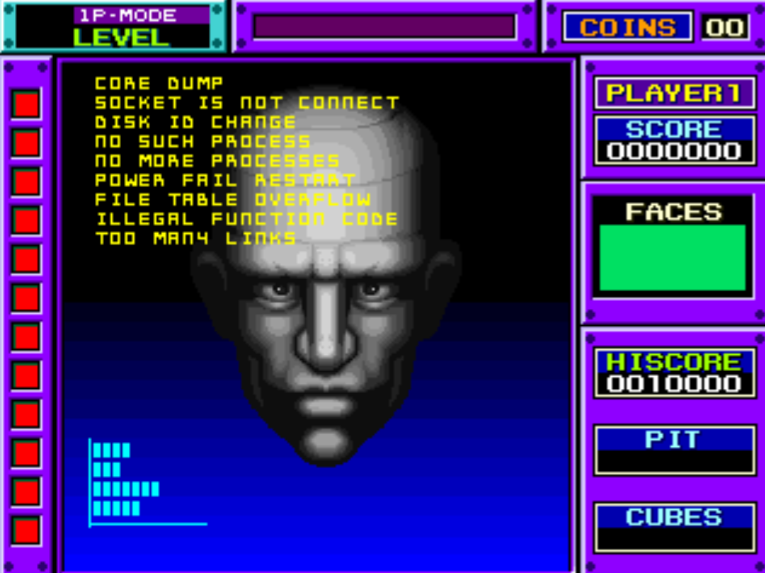 Gasped when I saw this guy. The game could be anything I'm just glad cyber guy is here. blockout in game startup screen with a large grey cyber head