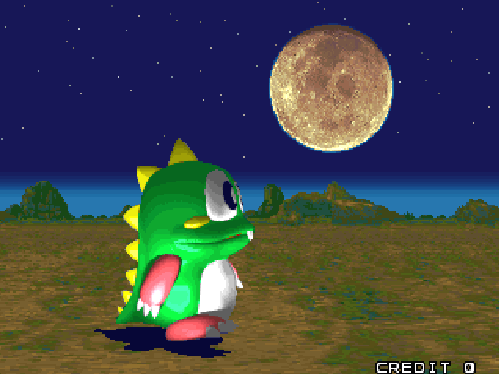 I don't really know what the characters of Bubble Bobble get up to usually. What is he thinking about right now? What drives him? Okay I need to take a break trying to think of title texts for today I'm running out of steam. solemn 3d Bub the green dragon walking under the moonlight