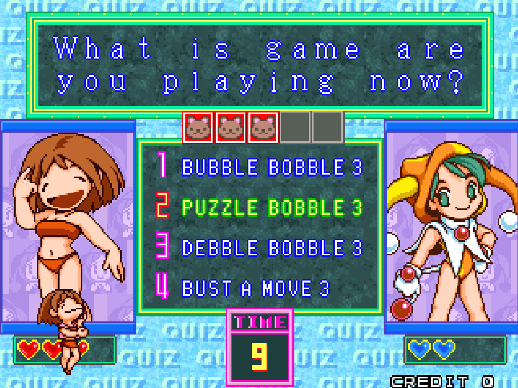 I love this joke. Impressive that all of them are real games. What? You don't remember Debble Bobble? Deb is lowkey way cooler than Bub... fake quiz screen with What is game you are playing now? and the options Bubble Bobble 3, Puzzle Bobble 3, Debble Bobble 3, and Bust A Move 3