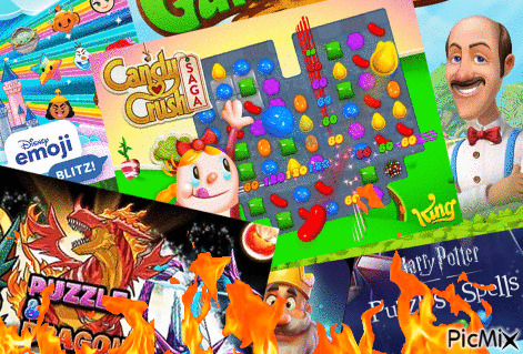 I could probably take the time to make this without the PicMix logo but I think it's funnier with it. comedy funny collage gif of mobile games such as candy crush, gardenscapes, puzzle and dragons, harry potter bullshit, disney emoji blitz, all covered by stock flame gif and a PicMix logo