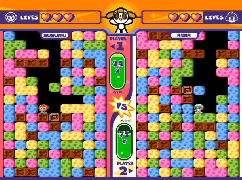 I'm Puchi, I'm the dog. Poor Susumu, he's in a sticky situation now. driller 2 versus gameplay