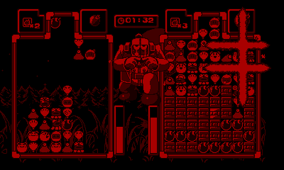 A flat single image doesn't do this game's visuals justice. It looks great in 3D! If you've got a modded 3DS I'd recommend playing it on there. virtual boy bomberman screenshot battling a frankenstein